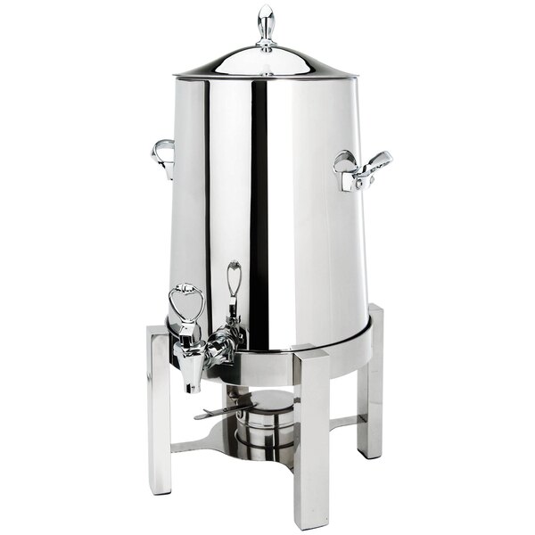 An Eastern Tabletop stainless steel coffee urn with lid and handles.