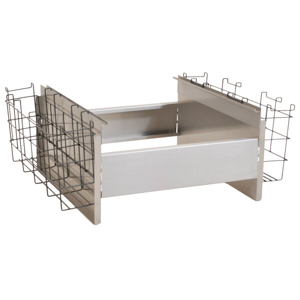 A white metal rack with wire dividers inside for Eagle Group ice chests.
