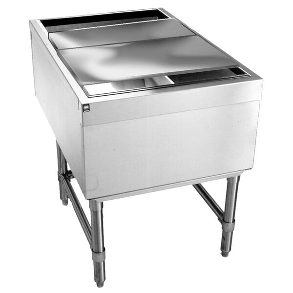 A stainless steel Eagle Group pass-through ice chest on a counter.