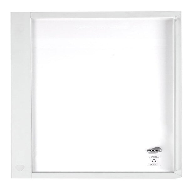A white square sliding lid with a small window and a white label with black text.