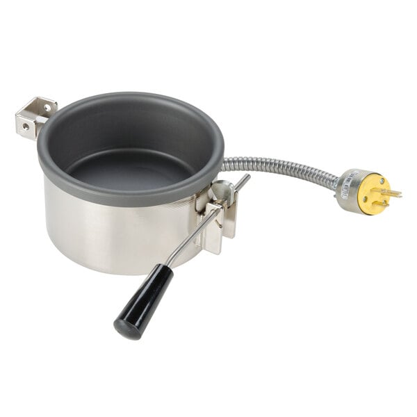 A stainless steel pot with a handle for a Paragon popcorn popper.