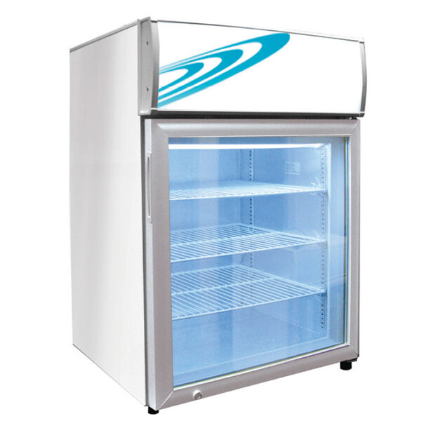 A white countertop display freezer with a swing glass door and a blue logo.