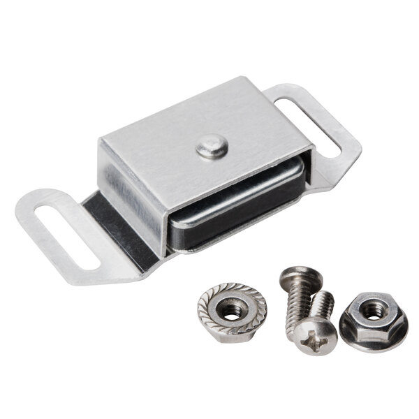 A close-up of a Paragon 514079 metal magnetic door latch with screws and nuts.
