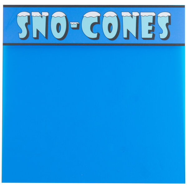 A blue square front panel for a Paragon snow cone machine with white text.