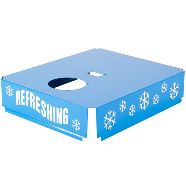 A blue box with a blue square object inside with white snowflakes on it.