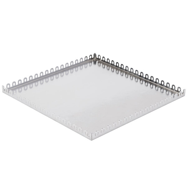 A silver square metal tray with a white border and metal edges.