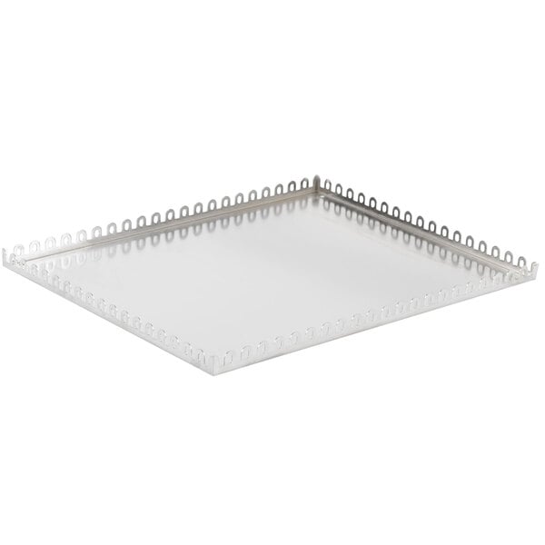 A white square metal tray with metal edges.