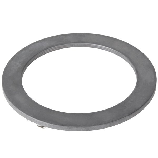 A round grey metal ring with a hole in it.