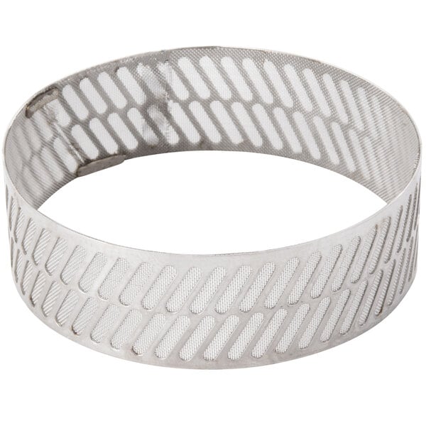 A metal ring with a white rectangular screen with holes in it.