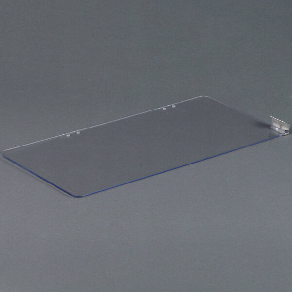 A clear plastic rectangular door with a blue edge.