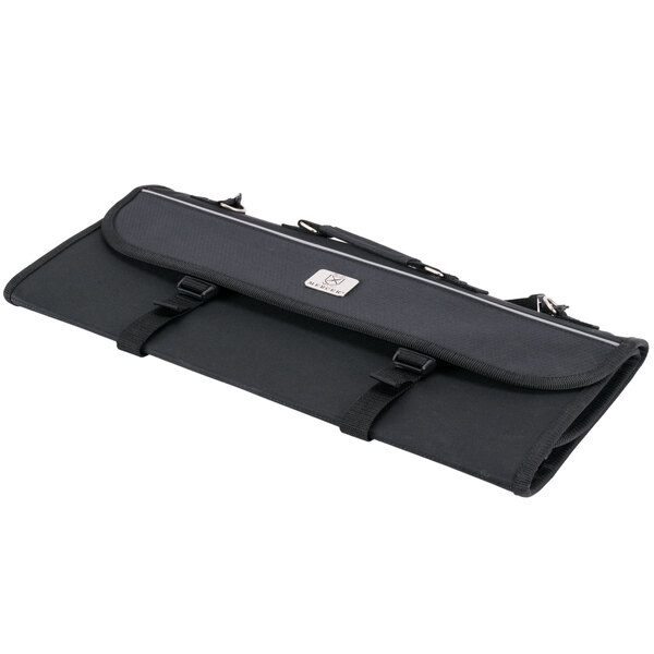 A black Mercer Culinary knife case with a zipper and straps.
