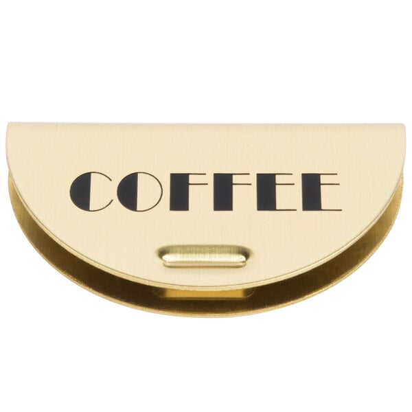 A close-up of a gold metal Cambro "Coffee / Decaf" sign with black text.