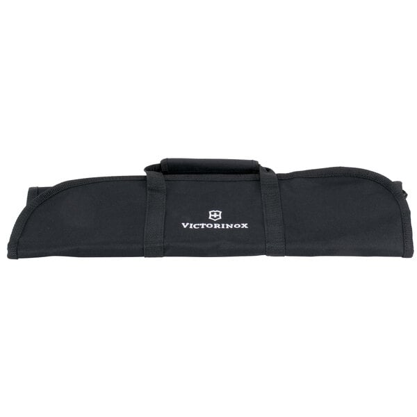 A black Victorinox tri-fold knife roll with white text.