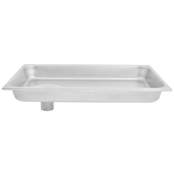 A stainless steel rectangular feed pan with a handle.