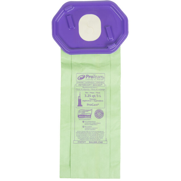 A green and purple ProTeam vacuum bag with a white circle and black line.