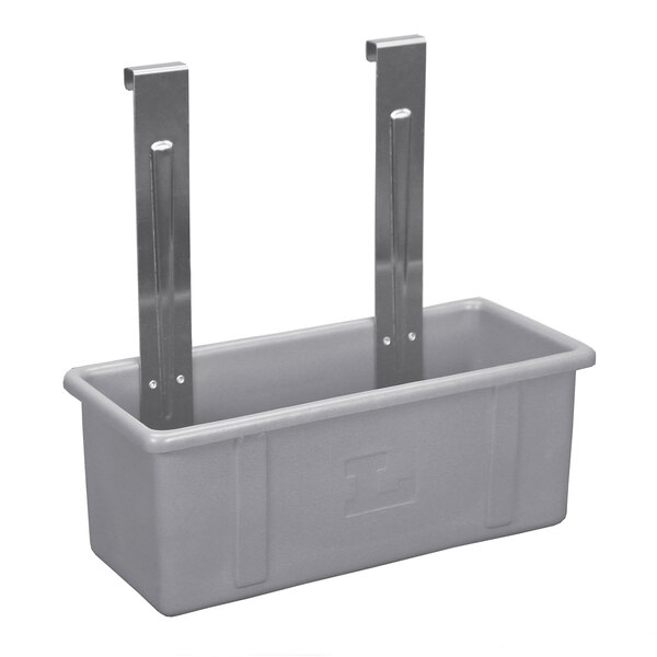 A gray Lakeside plastic silverware box with metal handles.