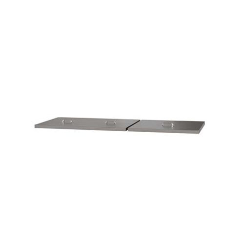 A grey metal rectangular lid with two holes in it.