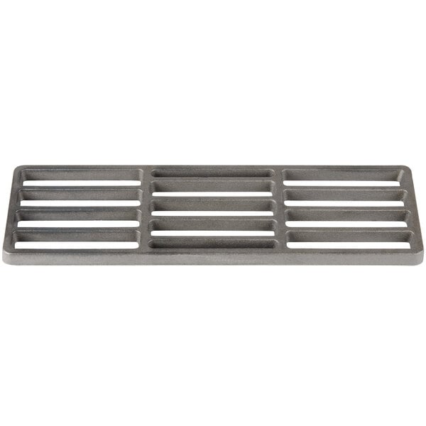 A grey rectangular metal rack with holes and four metal bars inside.