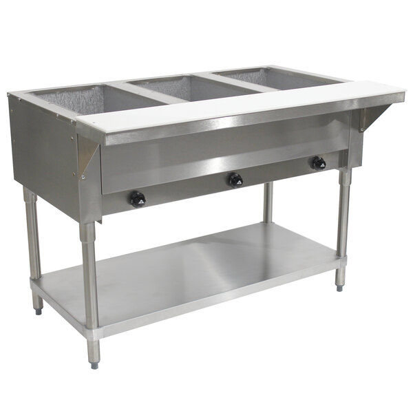 An Advance Tabco stainless steel natural gas hot food table with three open wells.