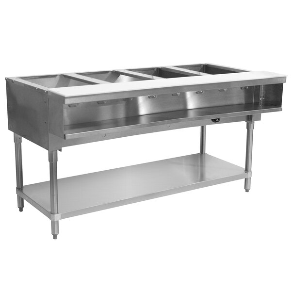 A stainless steel Advance Tabco hot food table with a shelf underneath.