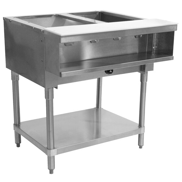 A stainless steel Advance Tabco wetbath hot food table with a shelf.