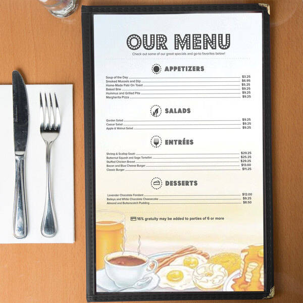 Menu insert with a breakfast-themed rooster design, a glass of orange juice, and a menu with a picture of food and a fork and knife.