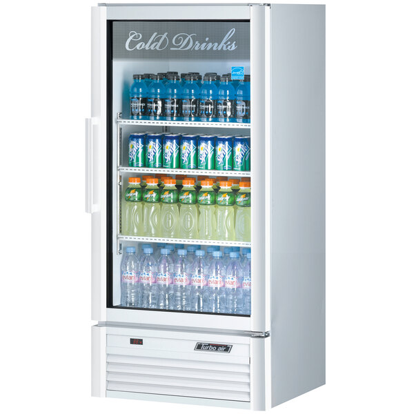 A white Turbo Air refrigerated merchandiser full of bottled beverages.
