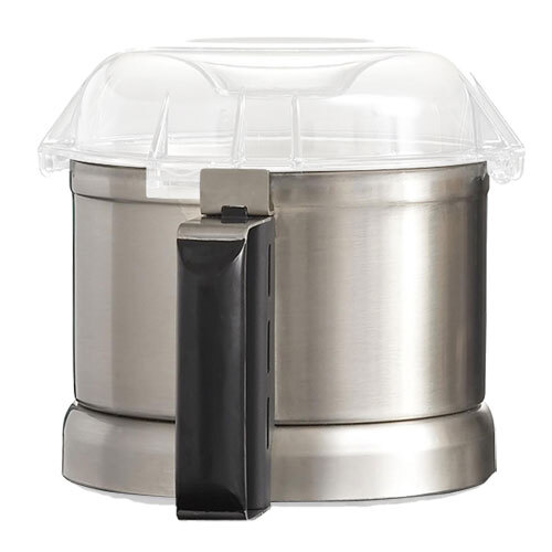 A silver stainless steel Robot Coupe food processor bowl with a black rectangular lid.