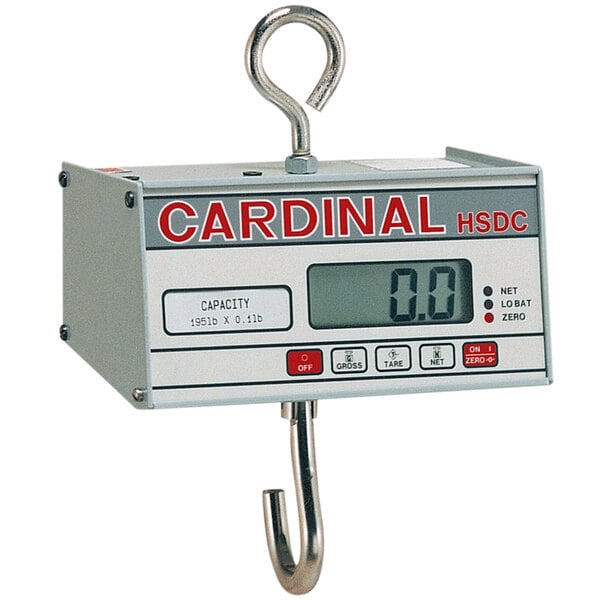 A Cardinal Detecto digital hanging scale with numbers on the digital display.
