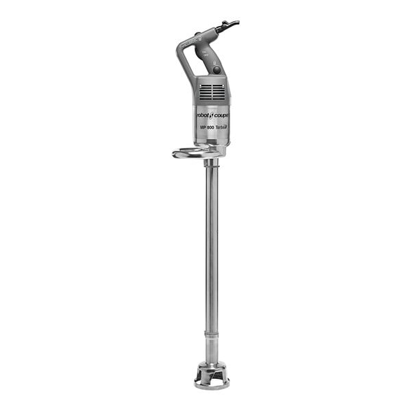 A silver and black Robot Coupe MP800 Turbo single speed immersion blender.