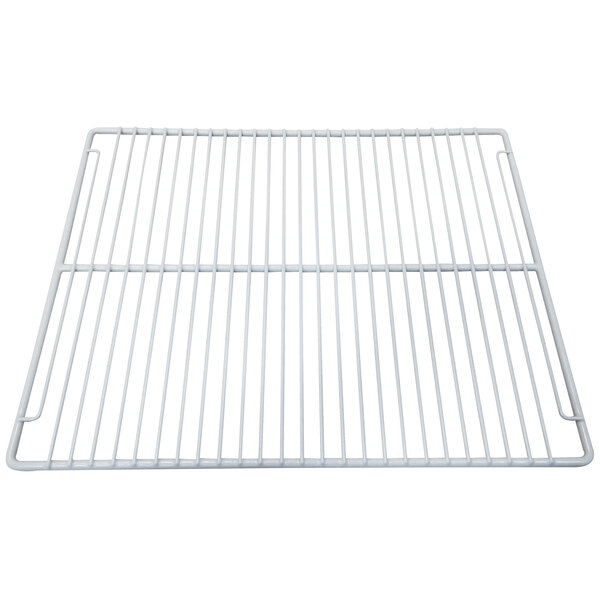 A close-up of a white coated wire shelf with a metal grid.