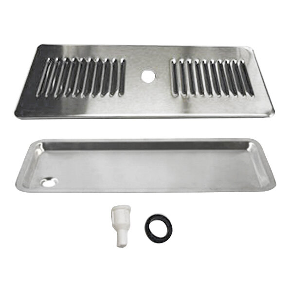 A metal tray with a stainless steel drain and drain plug.