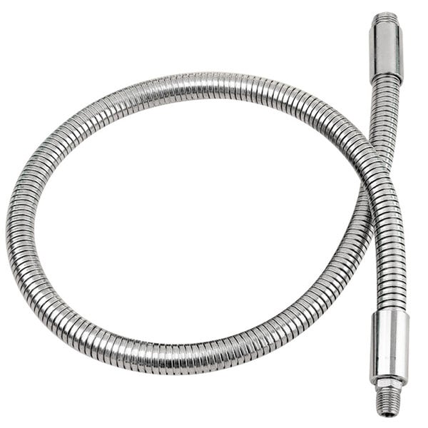 A Fisher stainless steel pre-rinse hose with a metal tube and a long, flexible end.