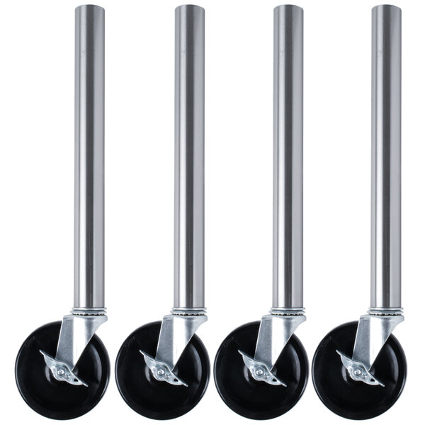 Four silver metal Advance Tabco food table stem casters.