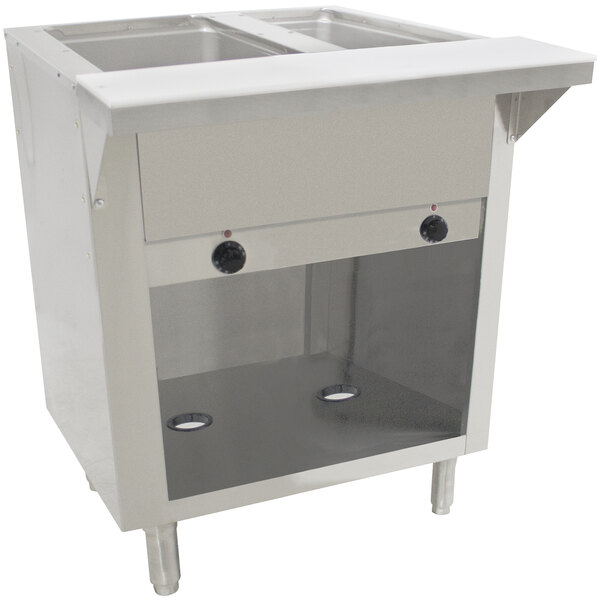 A stainless steel Advance Tabco hot food table with an enclosed base holding two pans.