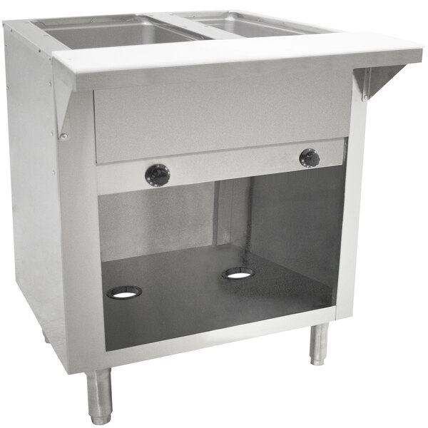 An Advance Tabco stainless steel hot food table with an enclosed base and two open wells.