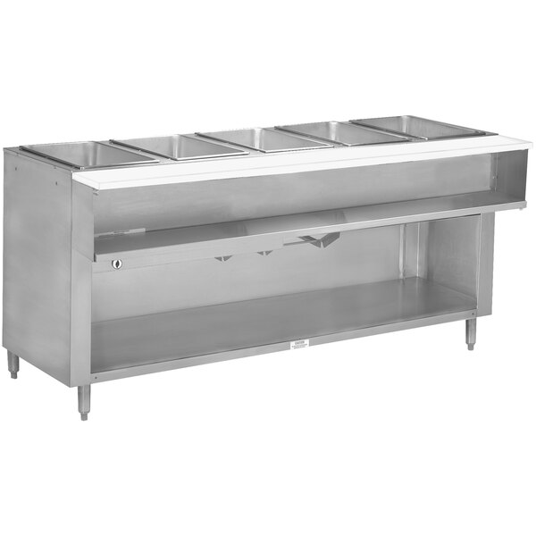 An Advance Tabco stainless steel wetbath hot food table with enclosed undershelf holding trays of food.