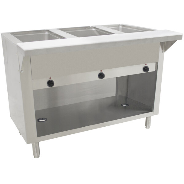 An Advance Tabco stainless steel hot food table with an enclosed base and three sealed wells.