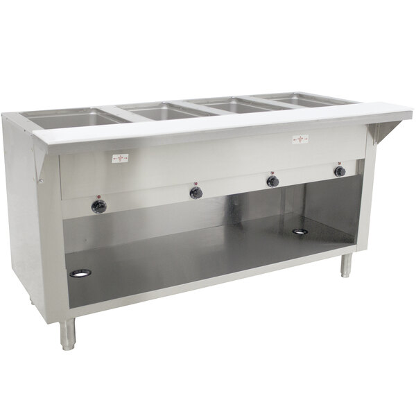 An Advance Tabco stainless steel electric hot food table with enclosed base and sealed well for four pans.