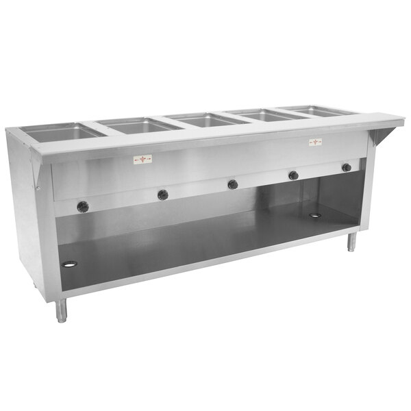 An Advance Tabco stainless steel hot food table with an enclosed base holding five open wells.