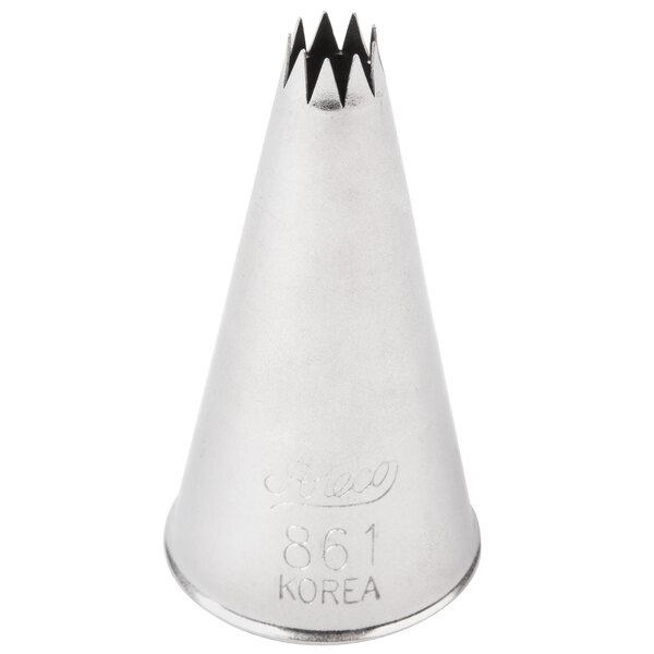 An Ateco 861 silver cone shaped nozzle with a star tip.