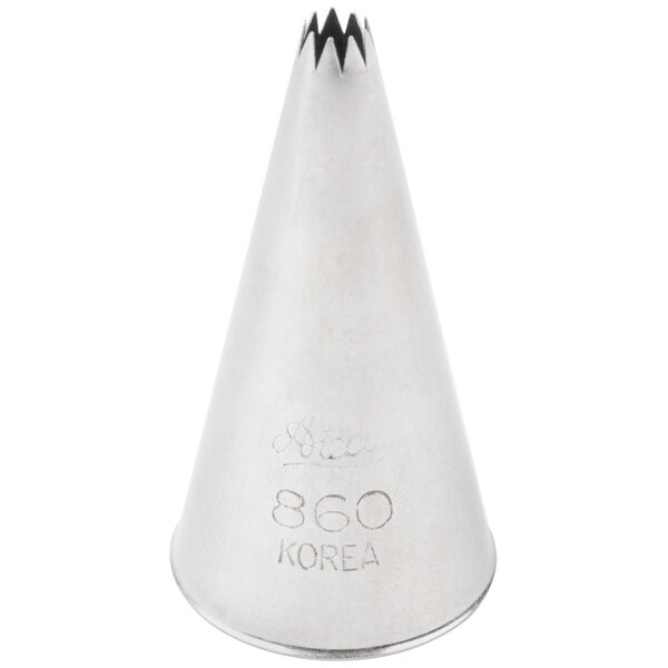 A silver metal Ateco French Star piping tip with a cone shape and a star-shaped tip.