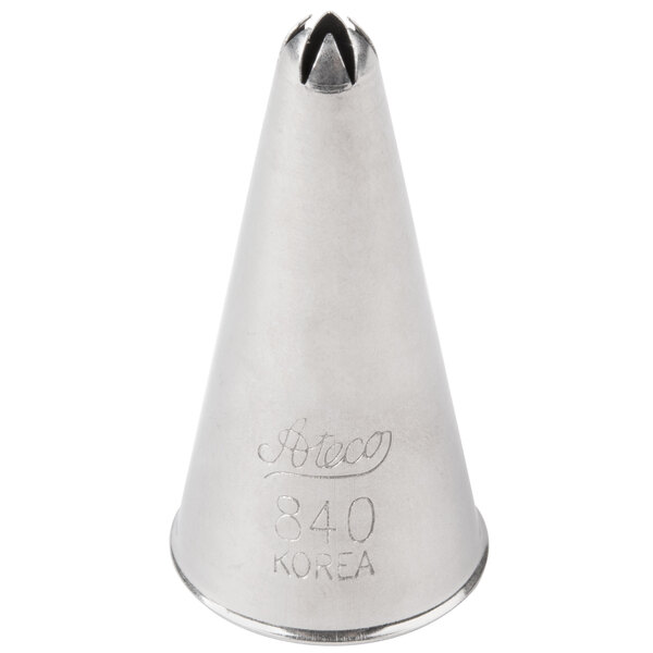 A silver Ateco closed star piping tip with a cone-shaped metal body and a star on top.