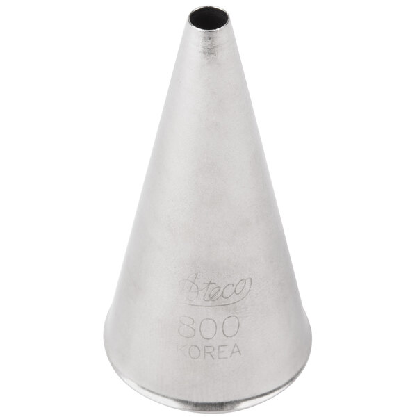 An Ateco silver plain piping tip with a cone-shaped metal tip.