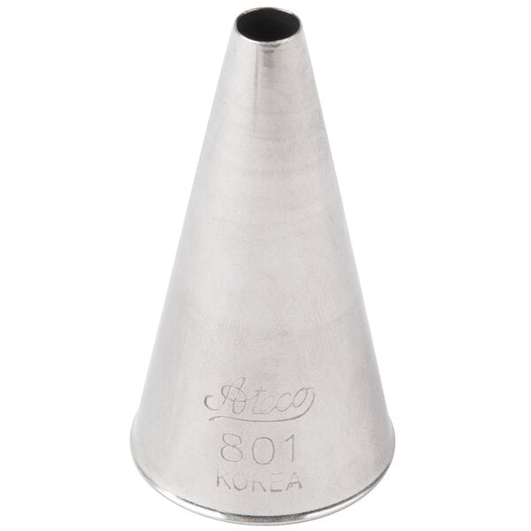 A stainless steel cone with a metal handle, the Ateco 801 Plain Piping Tip.