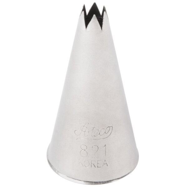 A silver Ateco open star piping tip with a cone shape and star design.
