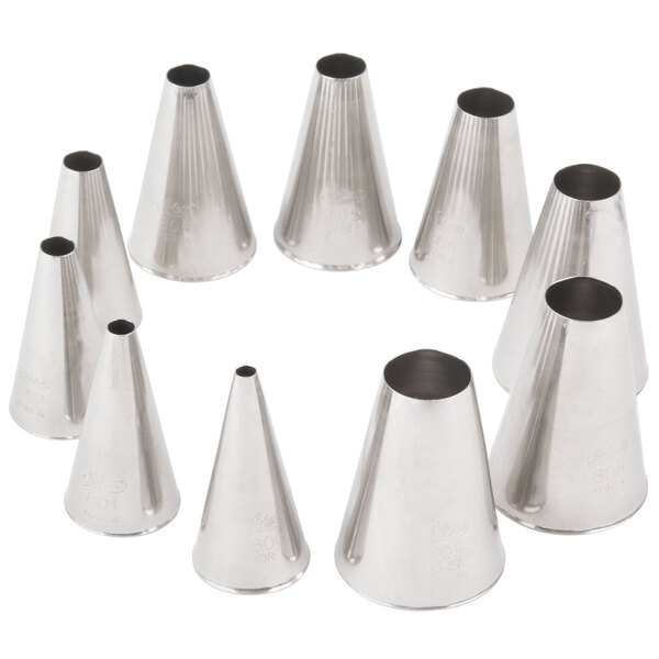 A set of Ateco stainless steel plain piping tips in a clear container.