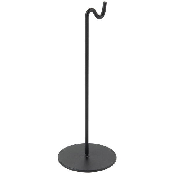 A black metal Cal-Mil sign holder with a curved hook.