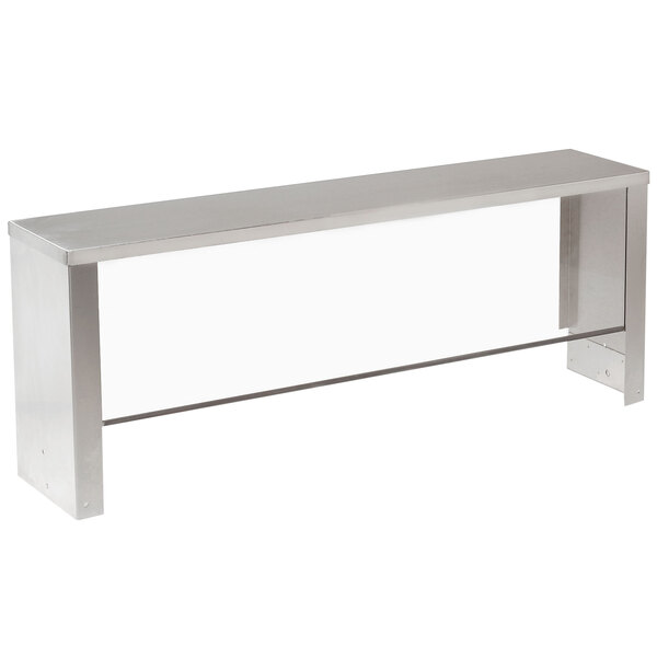An Advance Tabco stainless steel serving shelf with a clear glass sneeze guard over it.