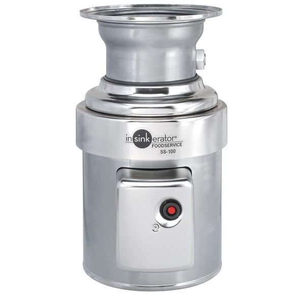 A silver InSinkErator commercial garbage disposer with a red button.
